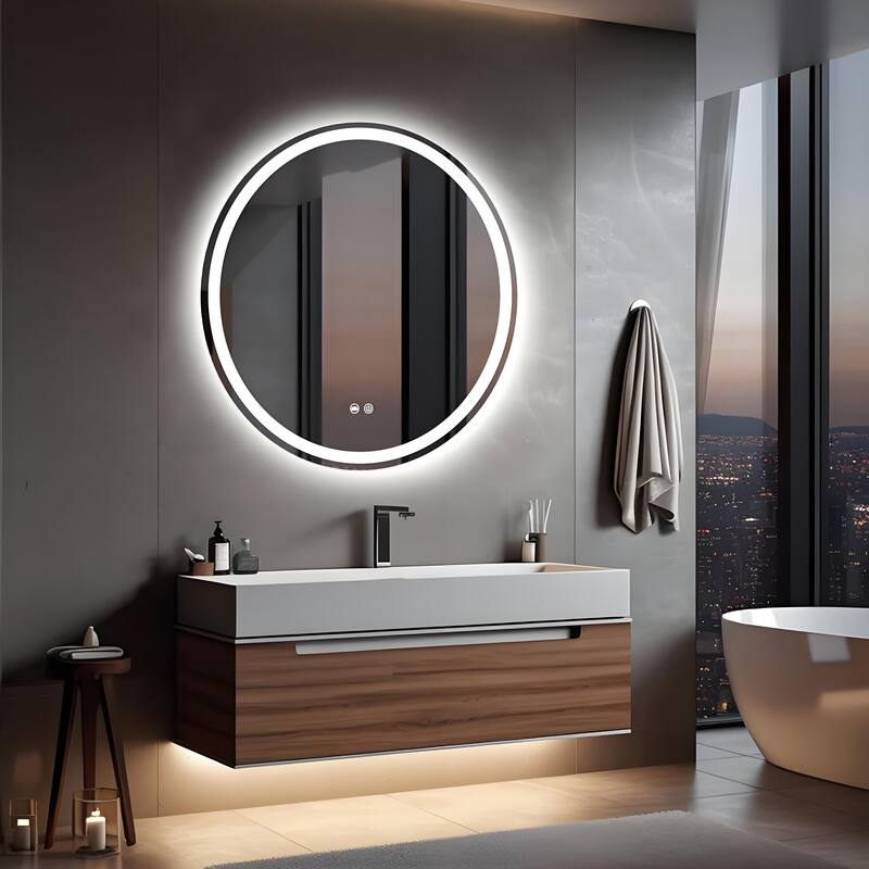 Circular LED Anti-Fog Mirror for Bathroom, Three-Color Lighting Adjustable