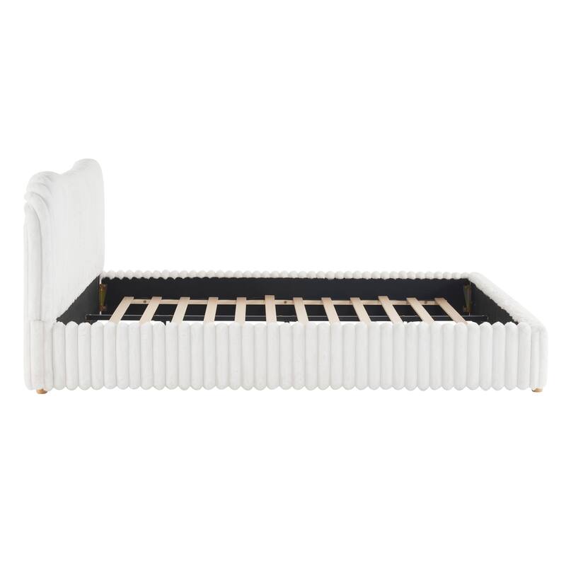 Sleek White Boucle Upholstered Bed with Wavy Headboard & Vertical Stitching, King