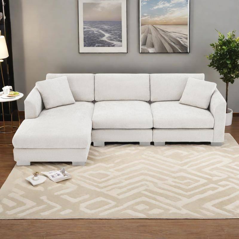 96" Chenille L-Shaped Sectional Sofa with Oversized Chaise, 4-Seater Cloud Couch and Includes 2 Pillows - Minsk Gray