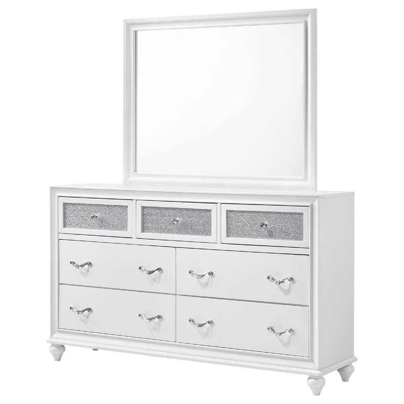 Dini Wide Dresser with Mirror, Glitter-Accented 7 Drawers, White Wood