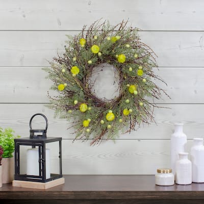 Burrs and Craspedia Artificial Twig Wreath - 20" - Yellow