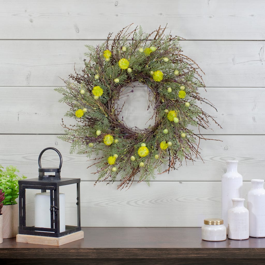 Burrs and Craspedia Artificial Twig Wreath - 20" - Yellow