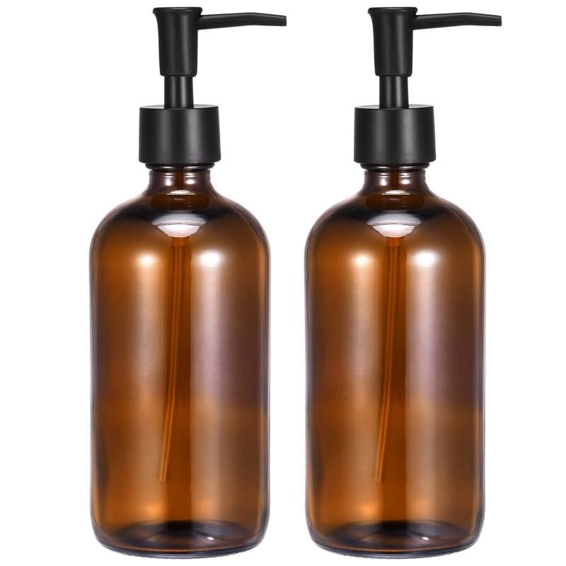 Soap Dispensers Set- 17Oz Glass Dish Hand Soap Dispenser with Pump for Kitchen Bathroom, 2Pcs Brown