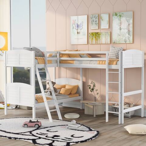 L-Shaped Twin over Twin Bunk Bed and Twin Size Loft Bed with Ladders