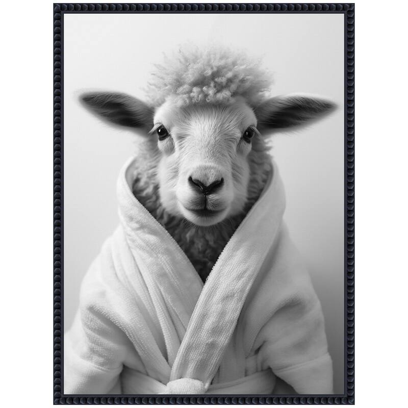 Kate and Laurel Sylvie Sheep Bathroom Art Towel Robe Black and White Framed Canvas by The Creative Bunch Studio