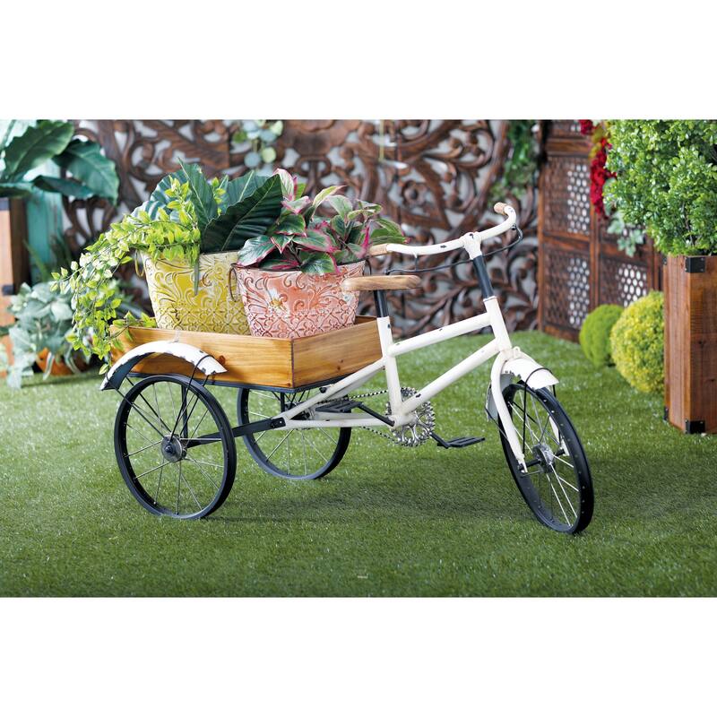 White Metal Indoor Outdoor Vintage Bike Indoor Outdoor Plantstand with Brown Wood Accents - White