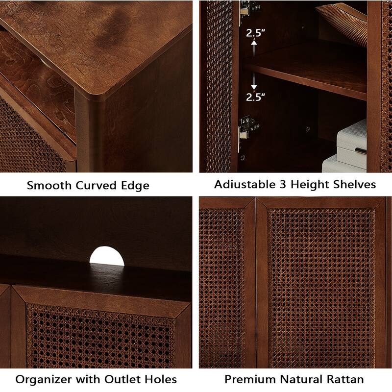 63" Rattan Sideboard Buffet Cabinet, Mid-Century Modern Credenza with Storage, Retro Coffee Bar & Wine Bar for Kitchen