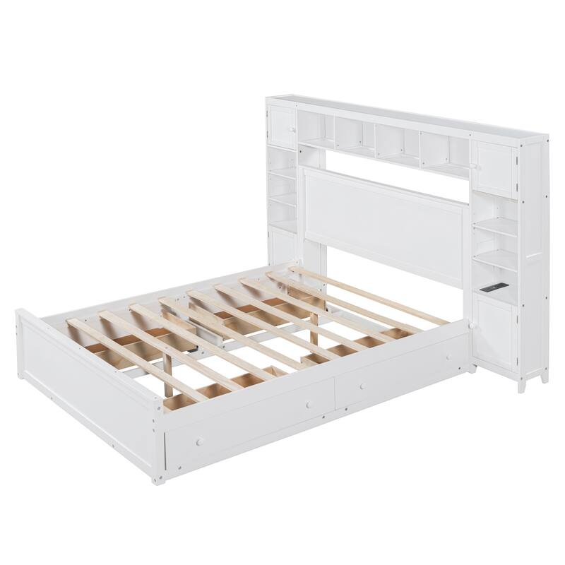 Queen Platform Bed Wood Slat Support Bed Frame with 4 Storage Drawers & Headboard All-in-One Cabinet, Shelf and Sockets, White