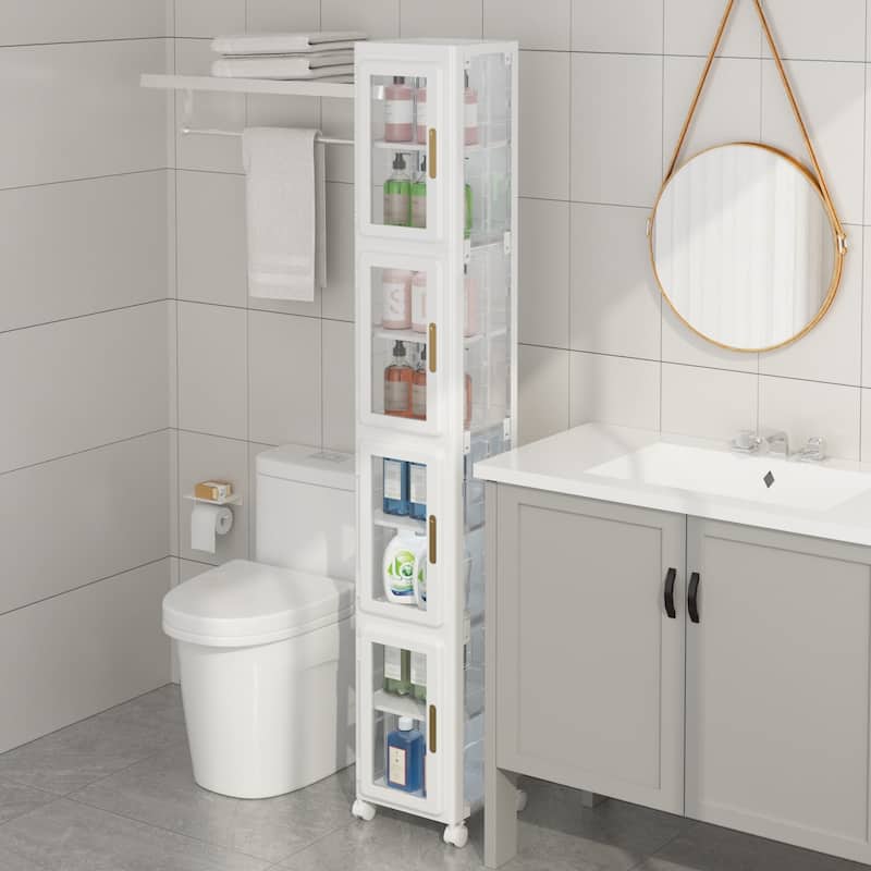 Slim Bathroom Storage Bins Movable Wheels, Tall Narrow Bathroom Storage Cabinet with Transparent Doors and Adjustable Shelf - White
