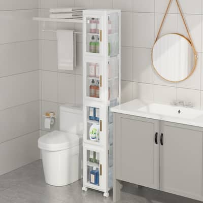 Slim Bathroom Storage Bins Movable Wheels, Tall Narrow Bathroom Storage Cabinet with Transparent Doors and Adjustable Shelf