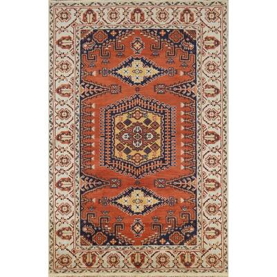 Orange Geometric Viss Indian Area Rug Handmade Wool Carpet - 5'2" x 8'0"