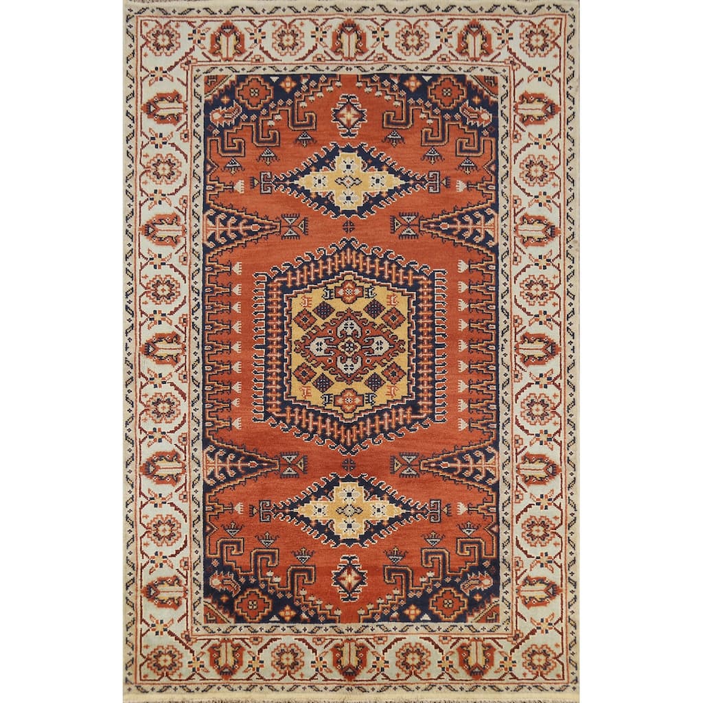 Orange Geometric Viss Indian Area Rug Handmade Wool Carpet - 5'2" x 8'0"
