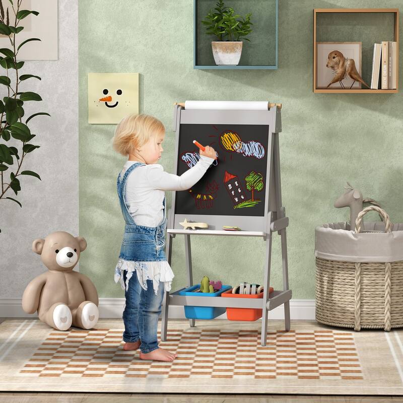 Grey Kids Easel 3-in-1 Art Station with Storage Boxes Paper Roll and Pen Holder for Ages 3-8 - 20.1" W x 19.7" D x 42.5" H