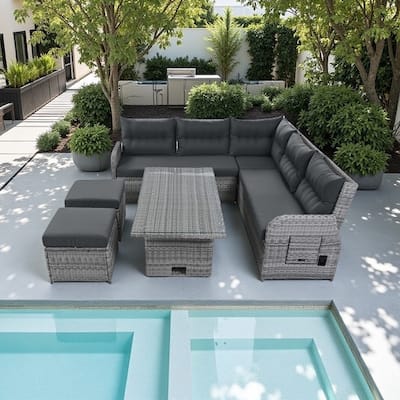 6-Piece Outdoor Reclining Patio Set with Adjustable Glass Table, Built-in Side Tables, and Ottomans, Cushions