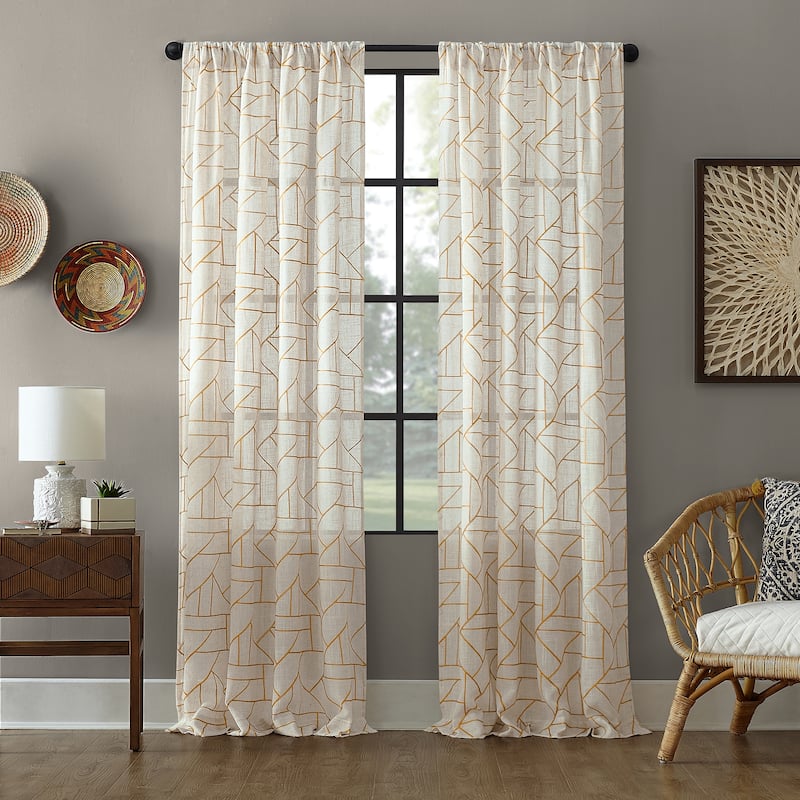 Archaeo Jigsaw Embroidery Linen Blend Curtain, Single Panel - 50 x 63 - Gold/Linen