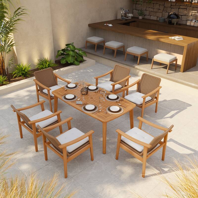 Outdoor Acacia Wood Dining Set with PE Wicker Rattan Dining Chairs And Table with Umbrella Hole 7-Piece Weather-resistant Set