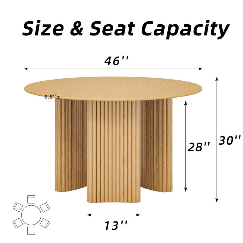 46" Round Dining Table Kitchen Table for 4 with Arc-Shaped Edge Top and Fluted Pedestal Legs for Living Room Dining Room Coffee