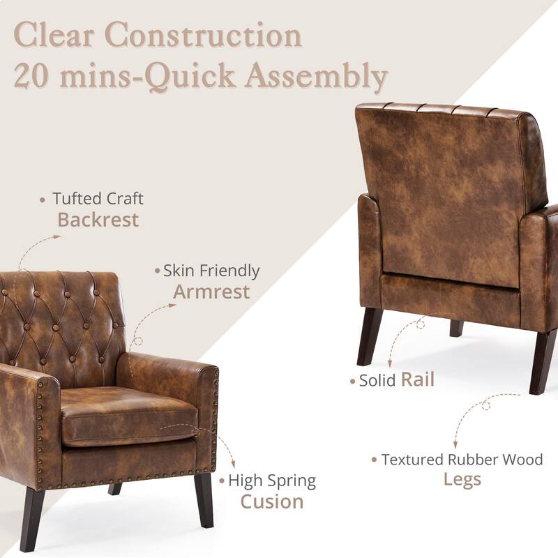 Modern Upholstered Accent Chair with Tufted Backrest and Solid Wood Legs Living Room Armchair