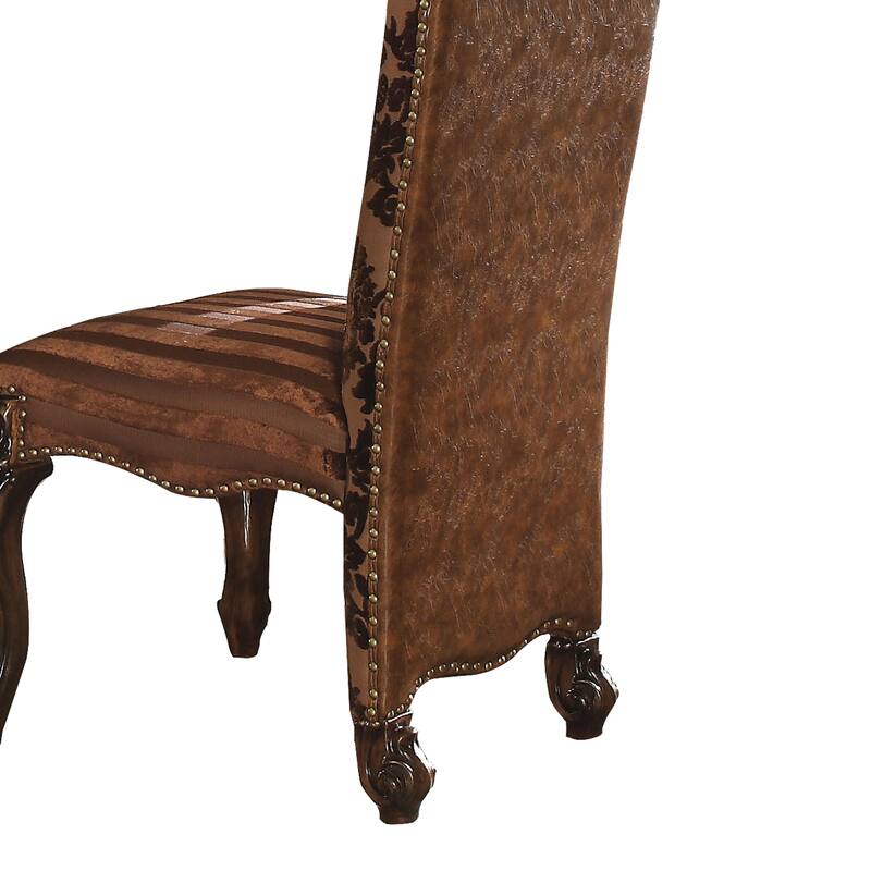 Faux Leather Upholstered Wooden Side Chair with Scrolled Carvings, Brown, Set of 2
