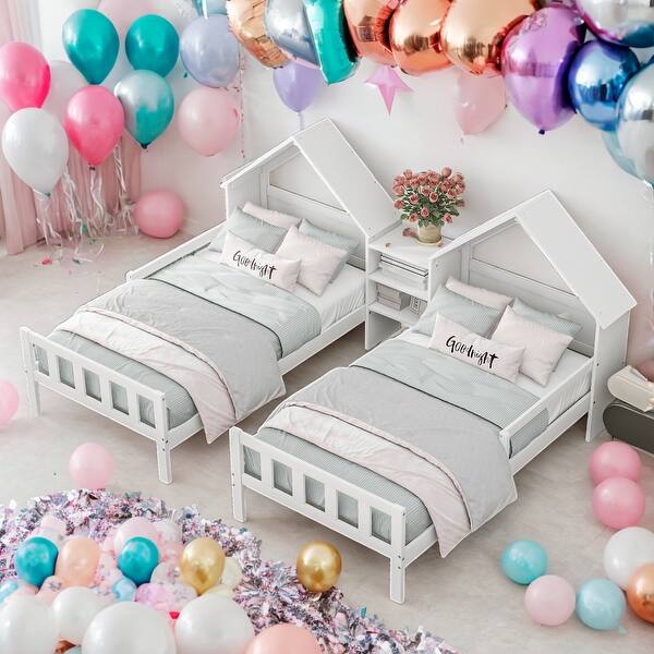 slide 2 of 18, Kids and Baby Double Twin Size Platform Bed With House-shaped Headboard,A Nightstand White