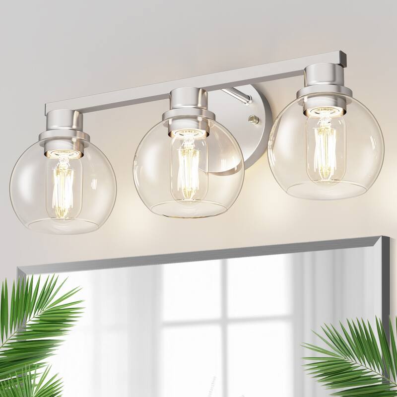 YANSUN 3-Light Vanity Light,Nickel Finish, E26 Sockets, Large Clear Glass Globe Shades for Contemporary Bathroom Lighting