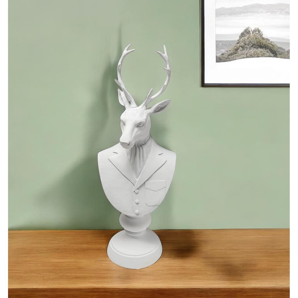 HomeRoots 23" White Polyresin Suited Deer Bust Tabletop Sculpture - 6" W x 8" D x 23" H