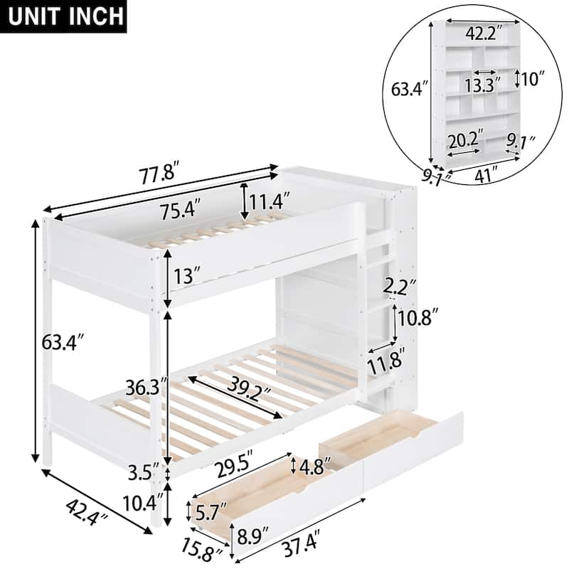 Twin over Twin Bunk Bed With 2 Drawers and Multi-layer Cabinet, White