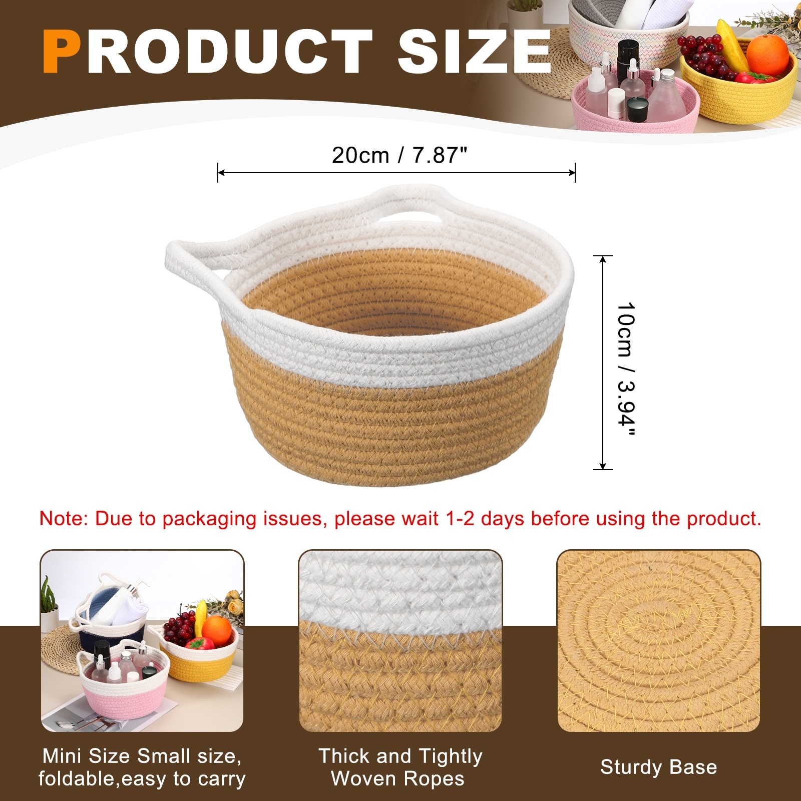 Small Cotton Rope Woven Storage Basket, Cat Ears Decorative Organizer