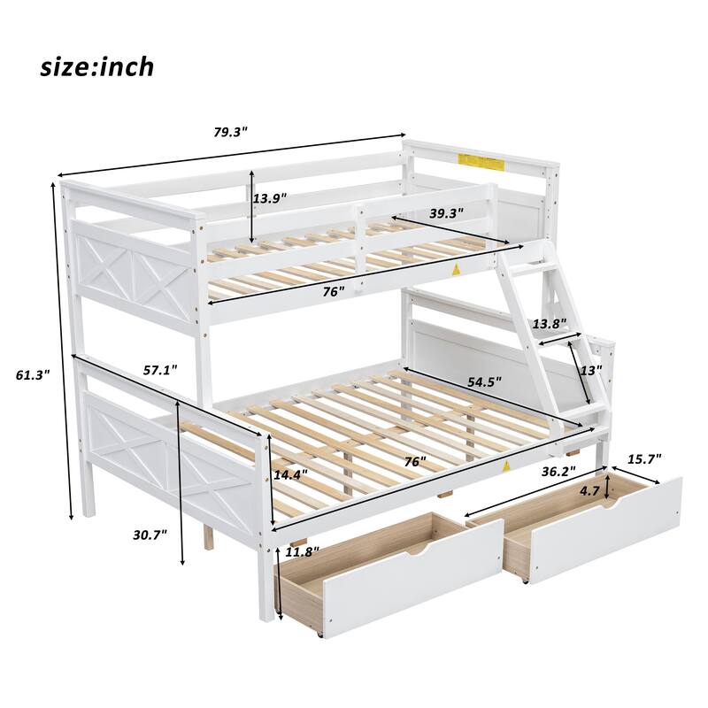 Twin over Full Bunk Bed with Inclined Ladder & Storage Drawers - Full-Length Safety Rail