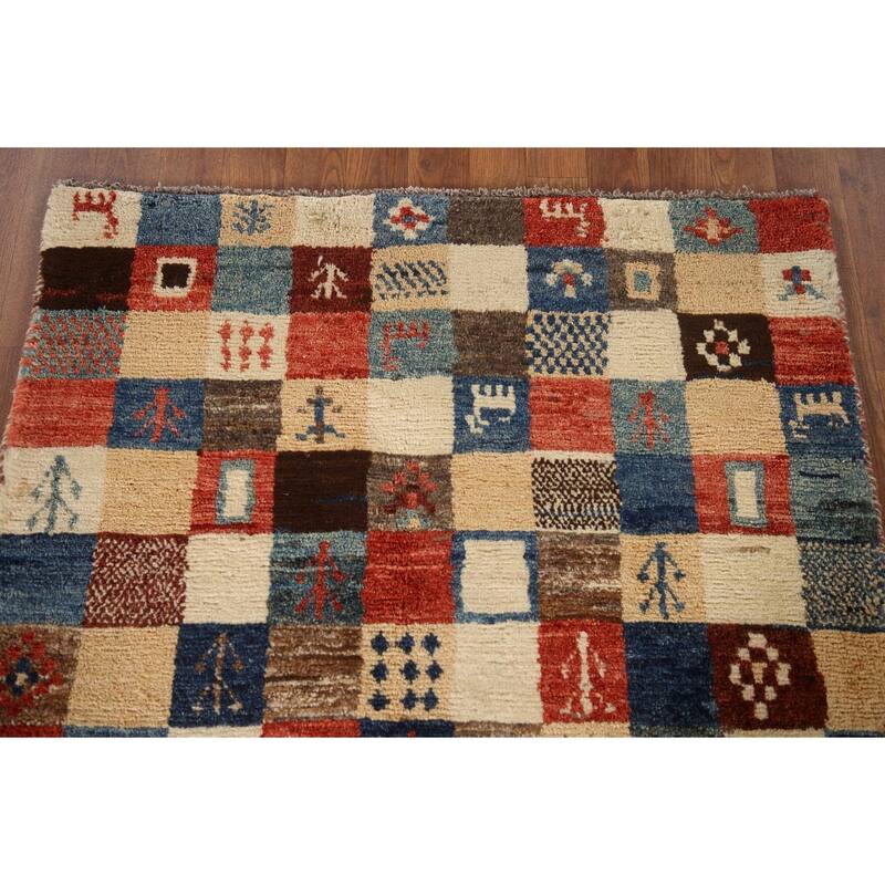 Tribal Checkered Gabbeh Persian Vintage Area Rug Handmade Wool Carpet - 3'4"x 5'1"