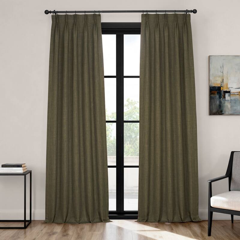Exclusive Fabrics French Pleated Textured Faux Linen Room Darkening Curtains for Bedroom & Living Room Curtains (1 Panel) - 25 X 84 - Khaki Green