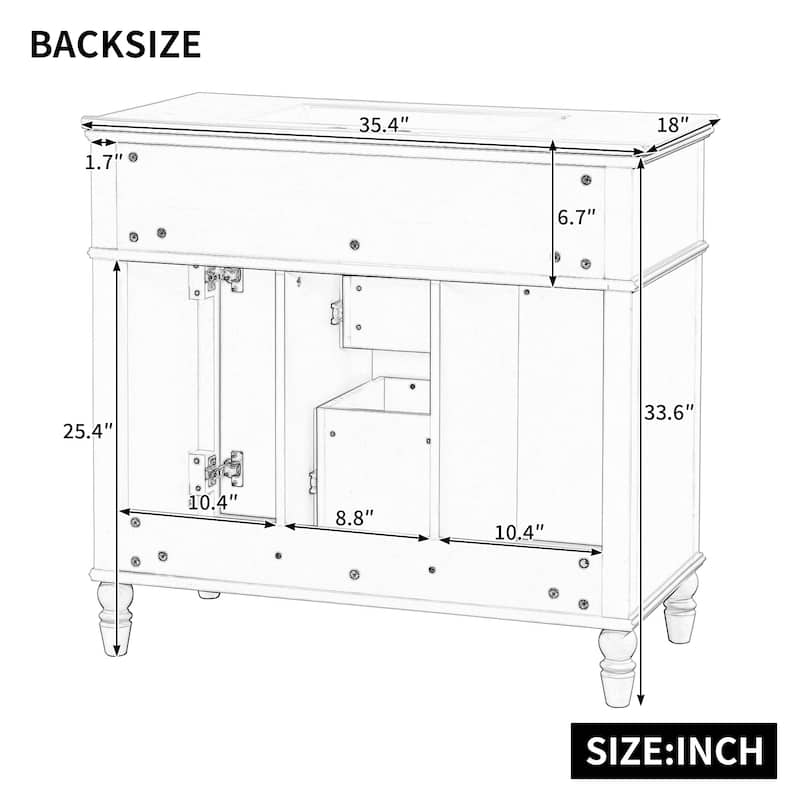 Modern 36 Inch Bathroom Vanity with Ceramic Sink, Solid Wood Frame, Golden Handles, Flip-Out Top Drawer & Storage Cabinet