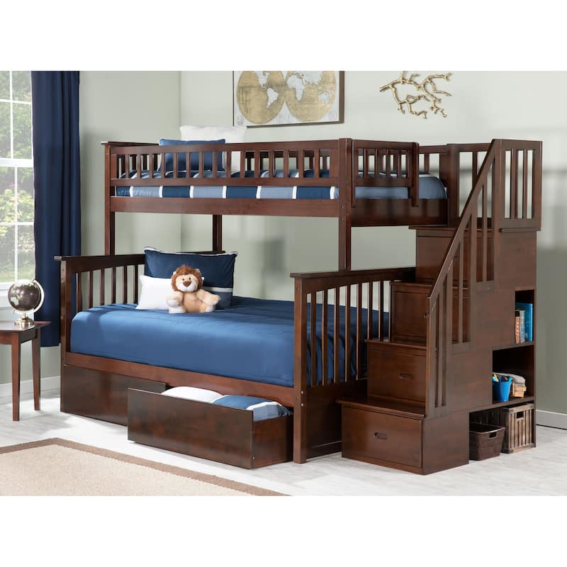 AFI Columbia Twin over Full Size Staircase Bunk Bed with Bed Drawers & Charging Station in Walnut