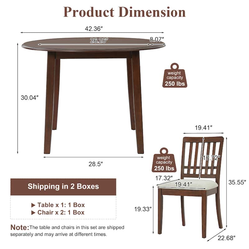 3-Piece Round Dining Table Set for 2 People, 1 Folding Wood Dining Table + 2 Upholstered Chairs, for Small Apartments