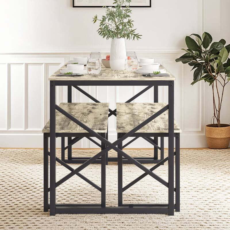 Javlergo Industrial Grey 3-Piece Dining Table Set with 2 Benches X-Frame Design Space Saving Kitchen Table Set for 4 People