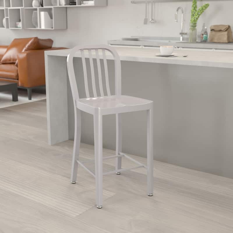 24'' High Metal Indoor-Outdoor Counter Height Stool with Vertical Slat Back - Silver
