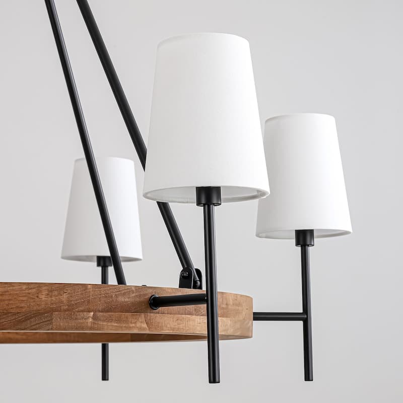 6-Light Vintage Farmhouse Wood Material Black Wagon Wheel Chandelier with Wood Material and Fabric Shade