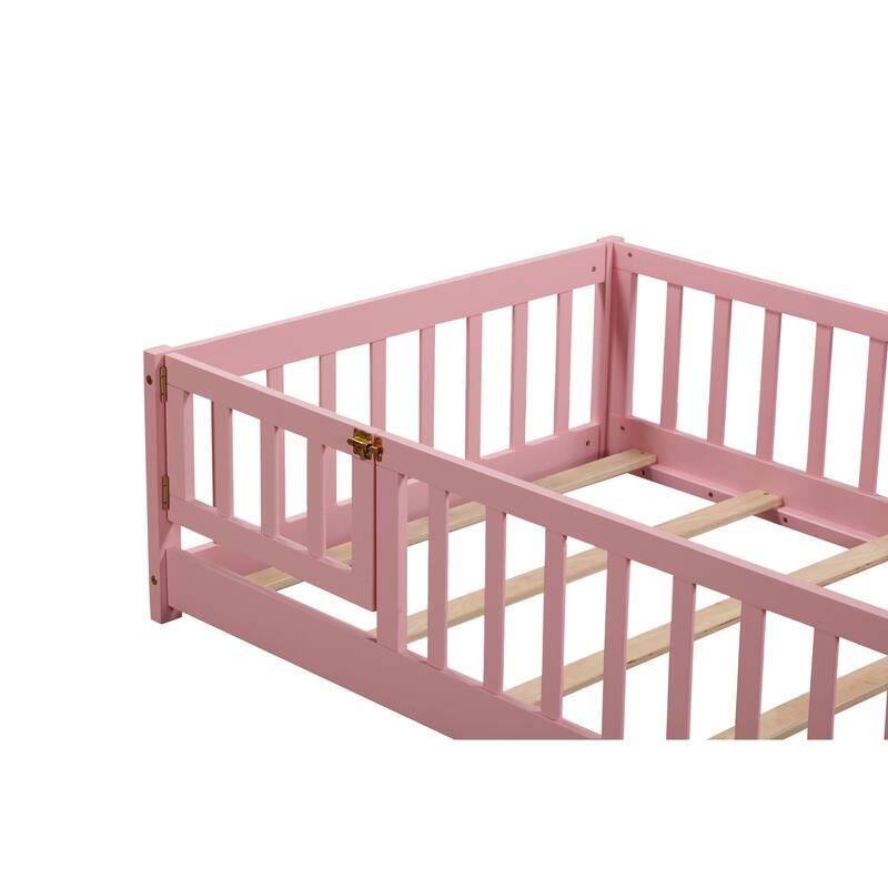 Floor Bed with Fence,Door and Safety Guardrails,Perfect for Kids' Play,Sleep and Development