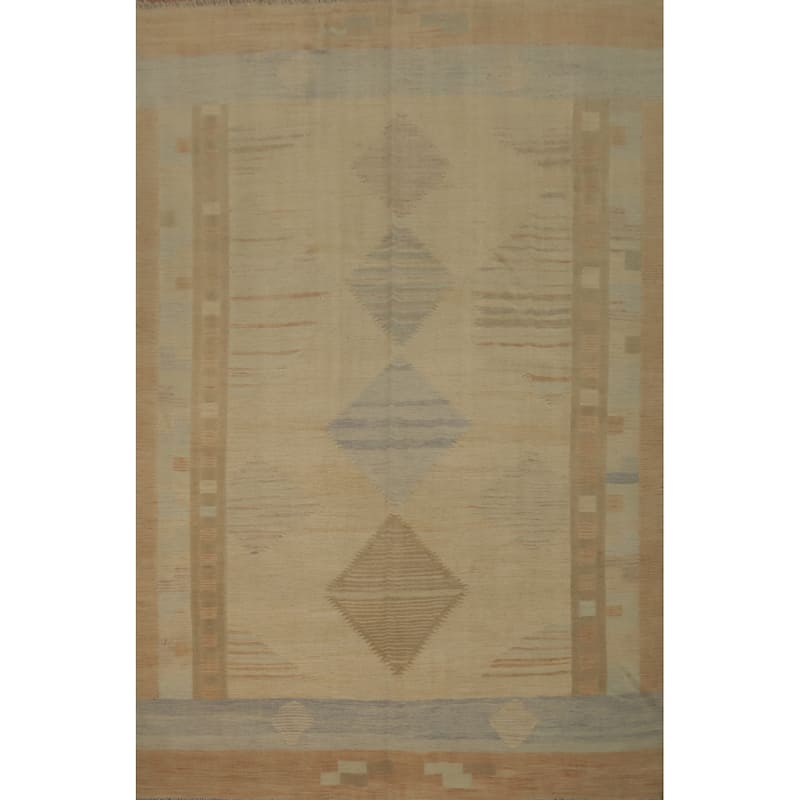 Hand Woven Oriental 100% Wool Carpet Southwestern Tribal Beige & Ivories Kilim Area Rug - 9' 9'' X 7' 8''