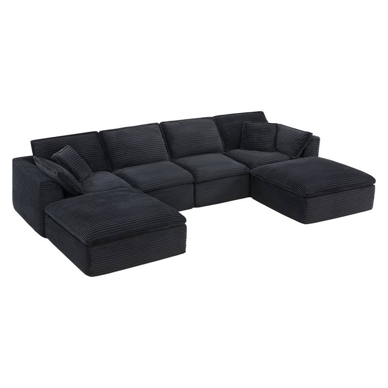 U Shaped Modular Sectional Sofa with Ottomans, Oversized Corduroy Upholstered Cloud Sofa, Fully Compressed 6 Seat Sofa