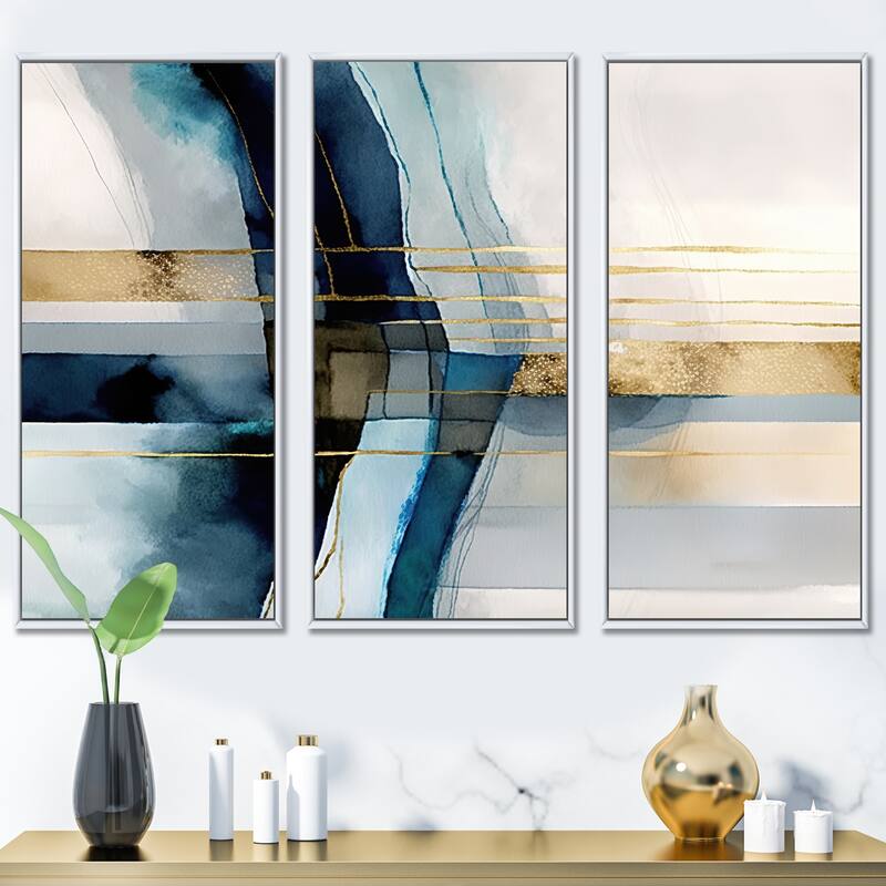 Designart "Abstract Transitional Modern Shapes V" Modern Shapes Transitional Framed Canvas Art Print - 3 Panels