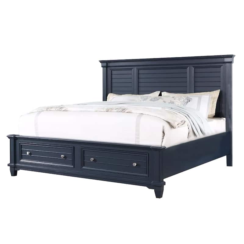 Zeny Queen Bed with Storage Drawers, Panel Headboard, Blue Wood