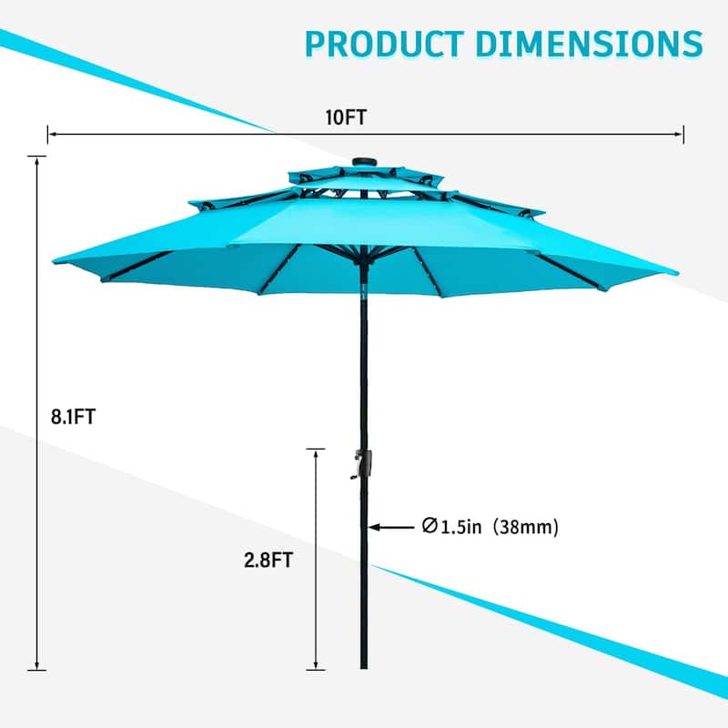 10FT 3 Tiers Patio Umbrella, Outdoor Market Table Umbrella 40 Builtin