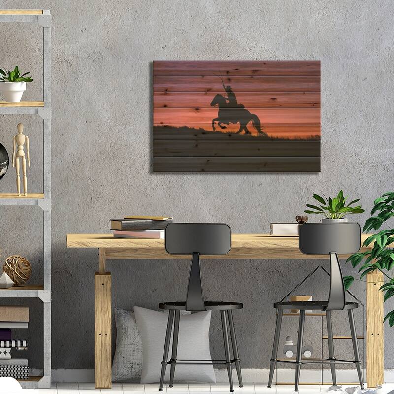 USA, Wyoming, Shell, The Hideout Ranch, Silhouette of Cowboy and Horse at Sunset Print On Wood by Hollice Looney - Multi-Color