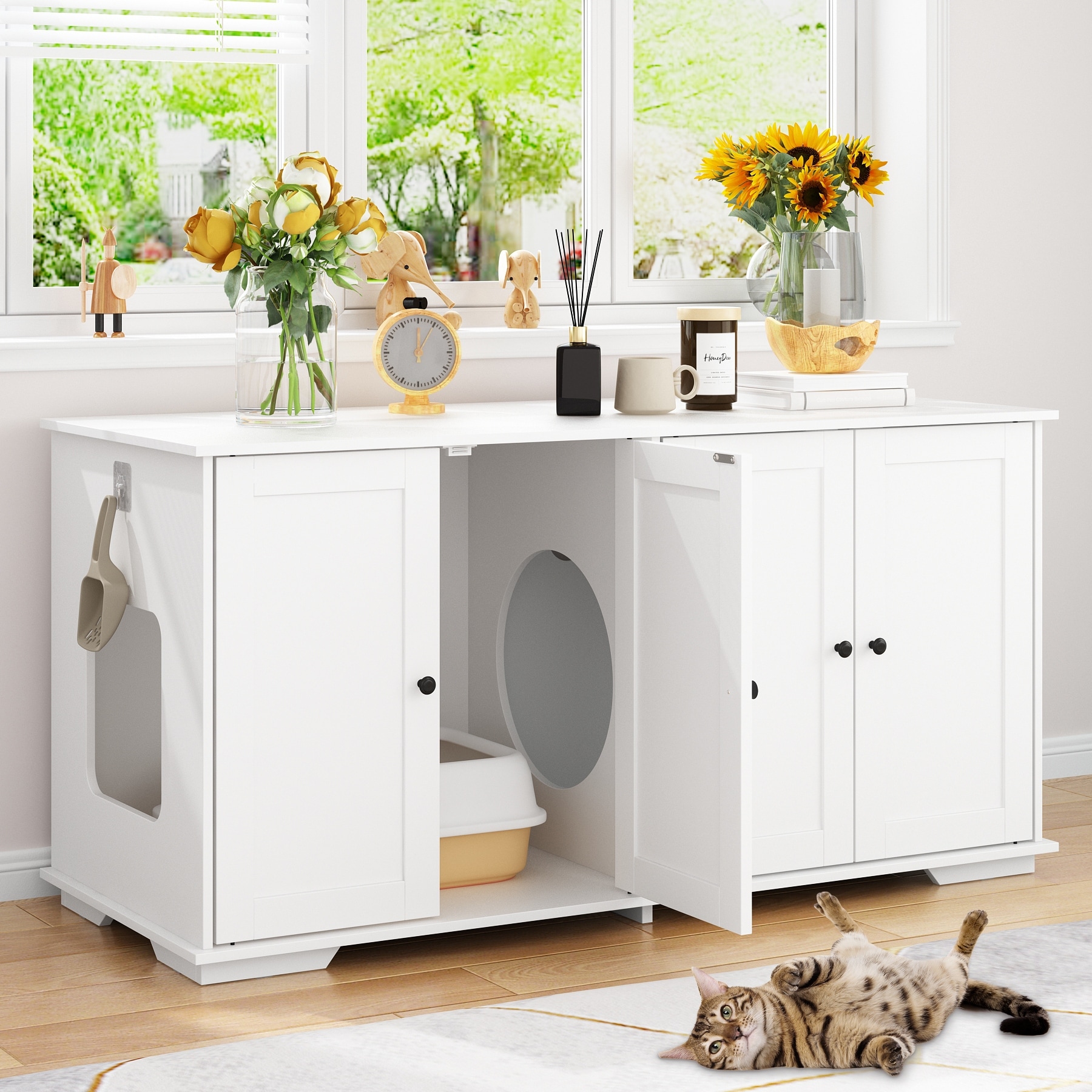 Double Cat Litter Box Enclosure Versatile Indoor Cat Washroom Bench