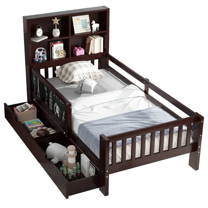 Twin Platform Bed with Chalkboard,Solid Wood Platform Bed with Storage Drawers and Shelves,Space-saving Design