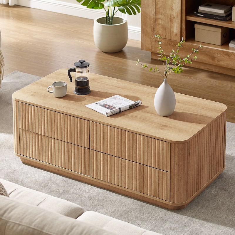 Fluted Coffee Table w/ 4 Drawers, Modern Center Table for Living Room