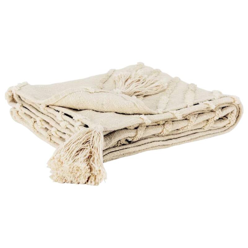 HomeRoots 50" X 60" Natural Cotton Woven Geometric Throw Blanket with Tassels