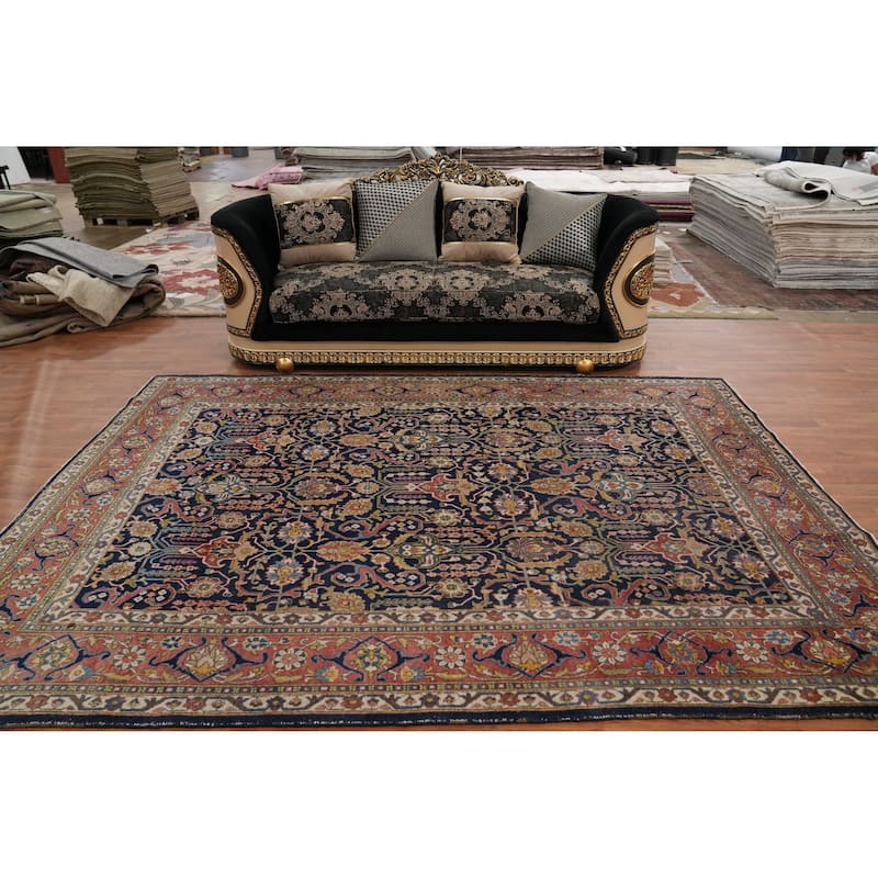 Hand Knotted Oriental 100% Wool Carpet Traditional Floral Navy Blue & Blues Tabriz Area Rug - 10' 6'' X 7' 2''
