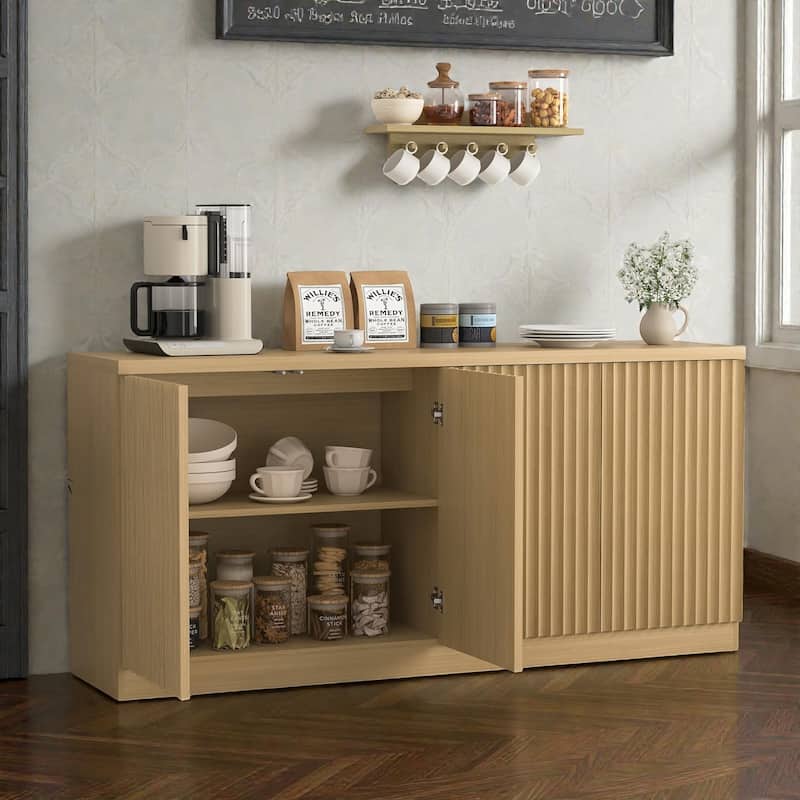 62.6 Inch Buffet Cabinet with Storage, Long Sideboard Cabinet with 4 Doors and Shelves, Wood Coffee Bar Credenza